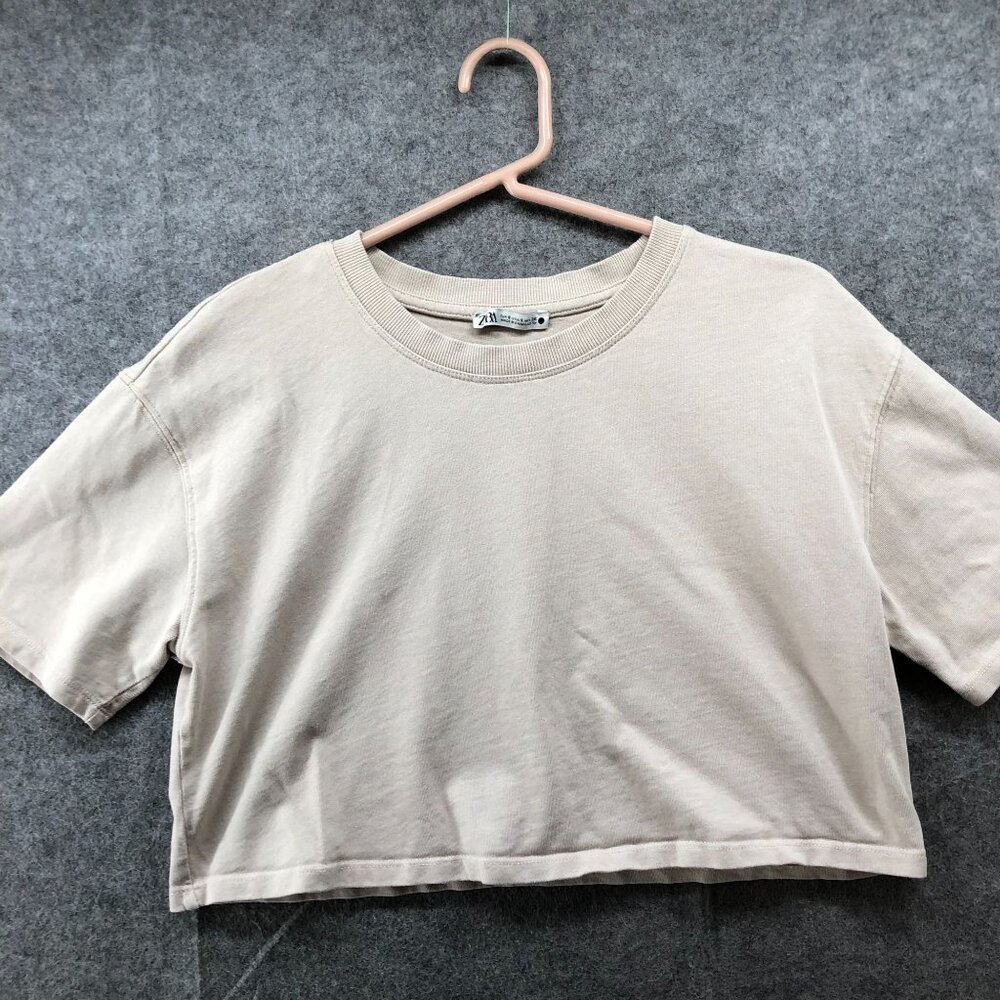 Zara Cropped T Shirt‎ Womens S Beige Short Sleeve Crewneck Cotton Boxy